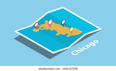 chicago united states explore maps location with folded map and pin location maker destination in isometric style