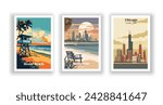Chicago, United States. Melbourne, Florida. Ocean Beach, California - Vintage travel poster. Vector illustration. High quality prints