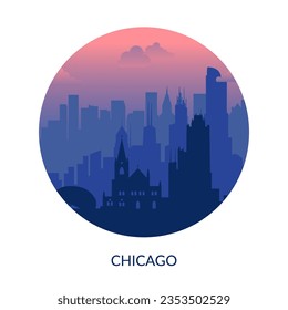 Chicago, USA city twilight view label.