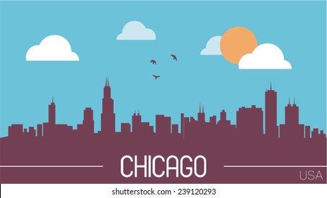 Chicago USA Skyline Silhouette Flat Design Vector Illustration.