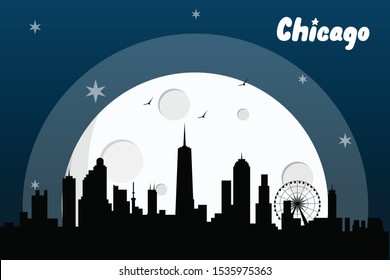 Chicago USA skyline silhouette vector design  on a full moon night