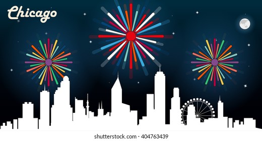 Chicago USA skyline silhouette vector design, dark night sky with fireworks