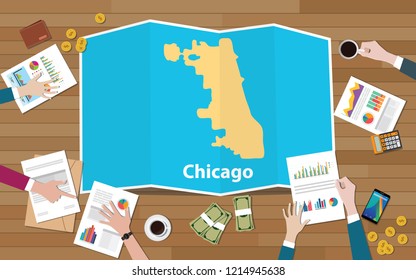 chicago usa united states of america city region economy growth with team discuss on fold maps view from top vector illustration