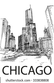 CHICAGO, USA: View to the Chicago's skylines, Michigan river, Trump tower. Hand drawn sketch, illustration. Poster, postcard, calendar