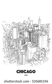 CHICAGO, USA: View to the city and lake from Willis Tower. Hand drawn sketch