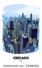 CHICAGO, USA: View to the city and lake from Willis Tower. Hand drawn sketch