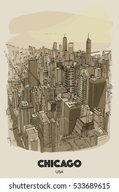 CHICAGO, USA: View to the city and lake from Willis Tower. Hand drawn sketch