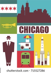 chicago vector flat illustration icon set travel background