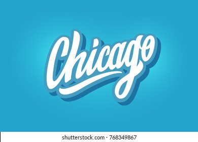 Chicago vector hand drawn brush pen lettering design on blue background. High quality calligraphy for your banner, flyer, card.