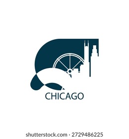 Chicago-Vektorsymbol mit Skyline, Panoramablick, Aussichtsform. USA Illinois Stadt Wahrzeichen Logo Konzept. Flache einzelne Grafik, Abzeichen