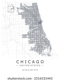 Mapa del Vector de Chicago. Mapa detallado de la ciudad de Chicago en Estados Unidos. Paisaje urbano. La mejor Ilustración vectorial gratis. Mapa esquemático con autopistas y calles. Mapa de la calle decorativa turística.