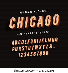 "Chicago". Vintage Sans Serif 3D Alphabet. Retro Typeface. Vector Illustration.