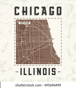 Chicago vintage t-shirt graphic design with city map. Tee shirt print, typography, label, badge, emblem. Vector illustration.