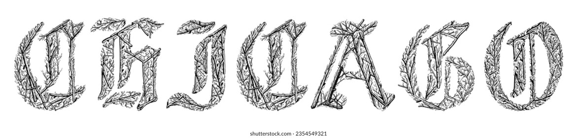 Palabra de Chicago con ramas dibujando a mano vector aislado en fondo blanco.