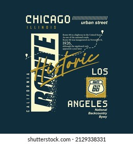 Chicago,illinois, Route 66, historic graphic typography for easy printing design