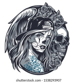 Chicano girl in baseball cap round concept with beautiful roses skull and angel wing in vintage style isolated vector illustration