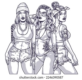 Chicano hot girls sketch monochrome beautiful models with tattoos on body are in shorts and top or bikini vector illustration