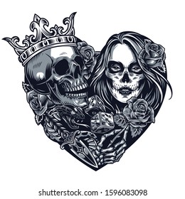 Chicano style tattoo template in heart shape with skull in crown dice dagger snake skeleton hand holding rose girl with Day of Dead makeup in vintage style isolated vector illustration