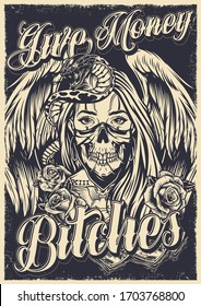 Chicano tattoo poster with snake roses money packs girl in scary mask with long hair and angel wings in vintage monochrome style vector illustration