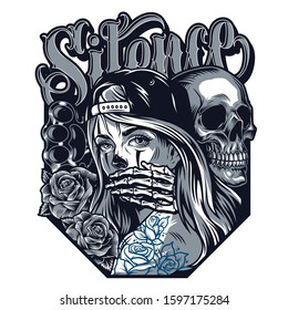 Chicano tattoo style concept with Silence inscription brass knuckles roses skeleton covering mouth of beautiful girl in baseball cap in vintage style isolated vector illustration