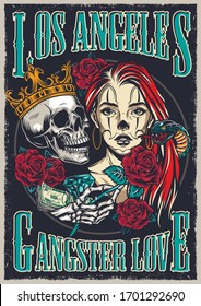 Chicano tattoo style vintage colorful poster with attractive girl snake skull in crown diamond money skeleton hand holding rose vector illustration