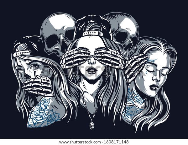 Chicano tattoo\
style vintage concept with see hear speak no evil composition\
isolated vector\
illustration