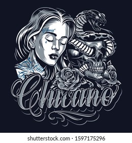 Chicano tattoo vintage template with sad beautiful girl cat skull roses poisonous snake entwined with skull on dark background isolated vector illustration