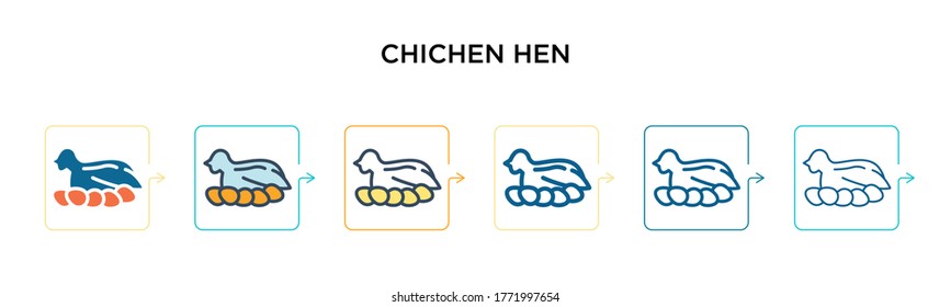 Chichen hen vector icon in 6 different modern styles. Black, two colored chichen hen icons designed in filled, outline, line and stroke style. Vector illustration can be used for web, mobile, ui