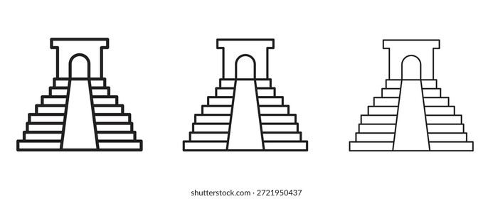 Chichen Itza Ikone Logo schwarzes Piktogramm Set. Skizze mit dünnen Linien.