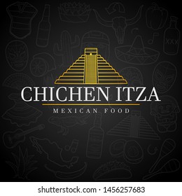 Chichen Itza Icon Restaurant. Mexico Food Cuisine. Logotype Mexican Chef. Flat Golden Icon.