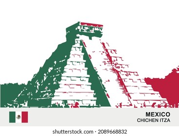 Chichen Itza was a large pre-Columbian city built by the Maya people of the Terminal Classic period. Hand-drawn sketch in vector illustration with the colors of the flag of Mexico.
