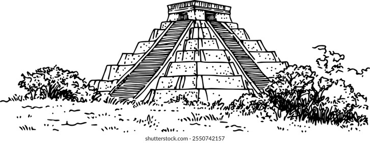 Chichen Itza Mexiko schwarz-weiße Vektorgrafik