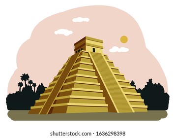 Chichen Itza, Mexico. Mayan Civilization. Vector illustration. Travel landmark. 