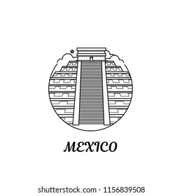 Chichen Itza in Mexico on white isolated background. Mexican landmarks. Famous tourist building. Greeting Mexican monuments. Vector icon in line art style.