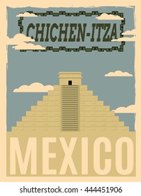 Chichen Itza Mexico vector illustration.Mexico retro poster.