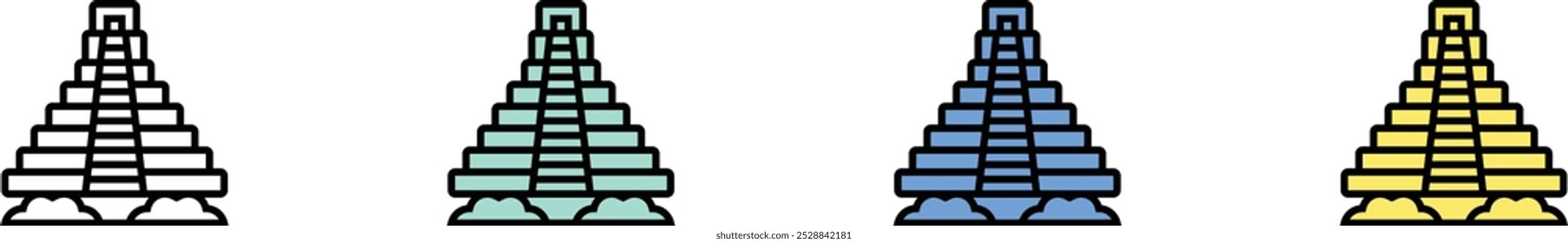 chichen itza Pyramidensymbol. Kontur, Design im grünen, blauen und gelben Stil einzeln auf weißem Hintergrund