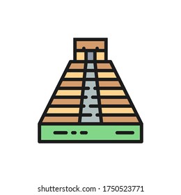 Chichen Itza, Pyramid of Kukulkan, Tulum, Teotihuacan flat color line icon.