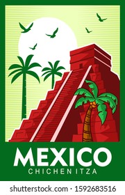 Chichen Itza. Travel to Mexico poster design, postage stamp, sticker, banner.