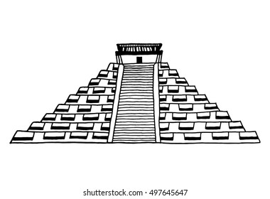 Chichen Itza Tulum the Kukulcan crypt tomb pyramid El Castillo, Carmen. Vector monochrome freehand pen drawn sketch.