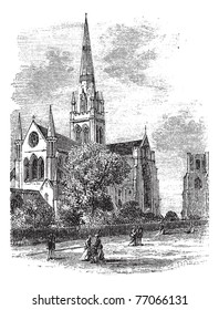 Chichester Cathedral or Cathedral Church of the Holy Trinity, in Sussex, England, during the 1890s, vintage engraving. Old engraved illustration of Chichester Cathedral. Trousset Encyclopedia