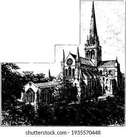 Chichester Cathedral, vintage engraved illustration. 