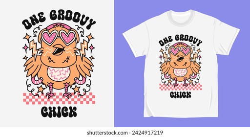 Chick 90s Retro easter groovy cartoon character, easter t shirt design vector. Hippie easter illustration for print