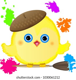 Chick with brush and paints