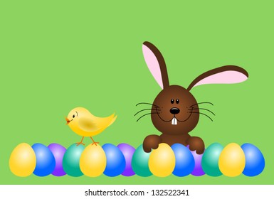 chick and bunny with lot of colored eggs