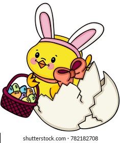 Chick with bunny ears in broken egg

