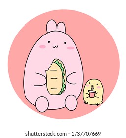 Chick and bunny eat together