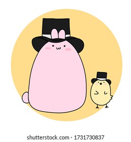 Chick and bunny with top hat