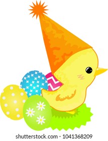Chick in cap and dyed Easter eggs
