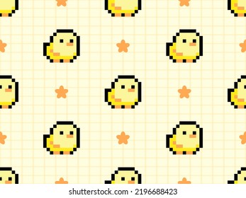 Chick cartoon character seamless pattern on yellow background. Pixel style