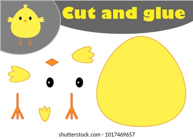 Chick cartoon style, education easter game for the development of preschool children, use scissors and glue to create the applique, cut parts of the image and glue on the paper, vector illustration
